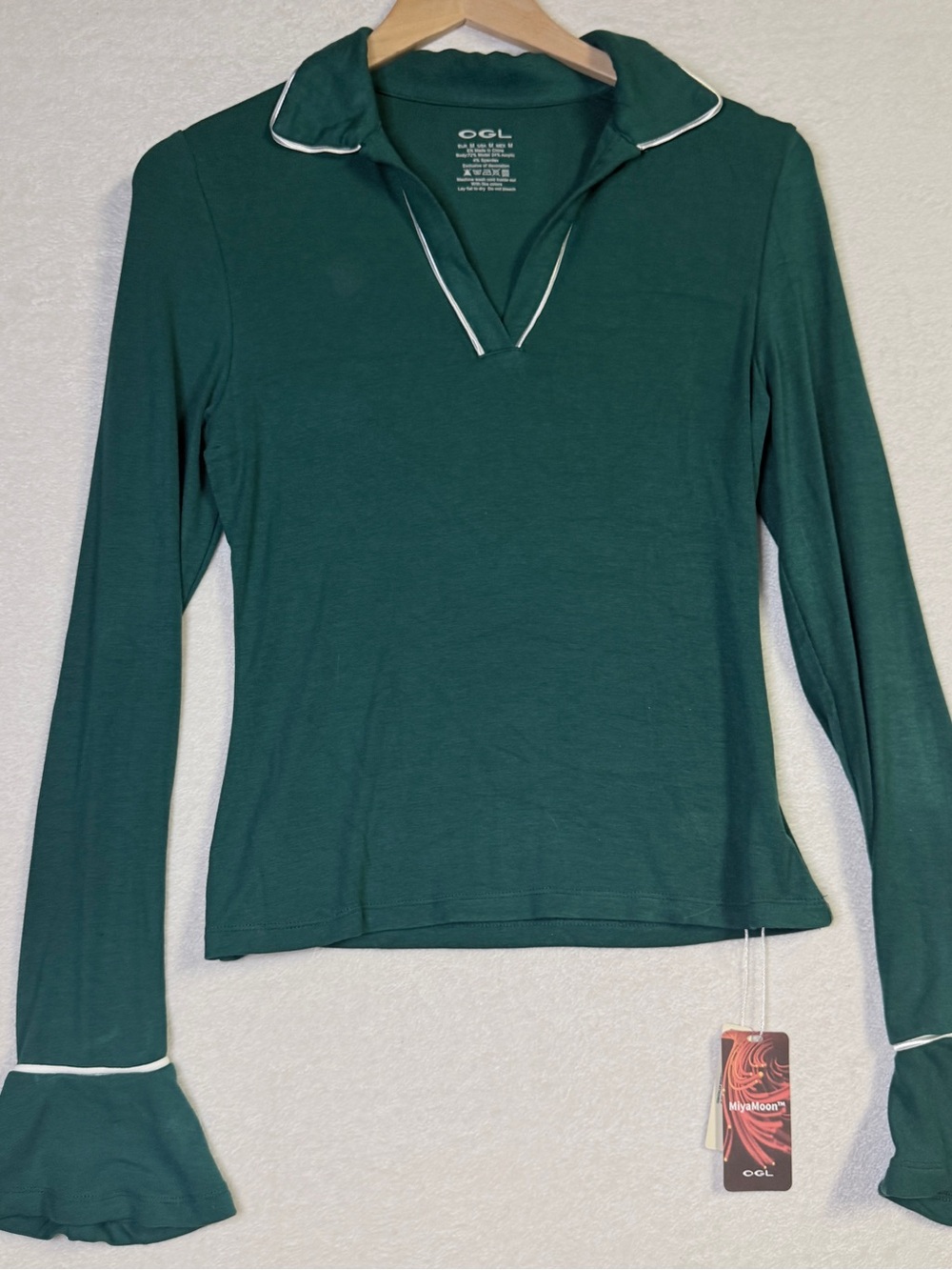 OGL Women's Forest Green Long-Sleeve V-Neck Polo with White Trim